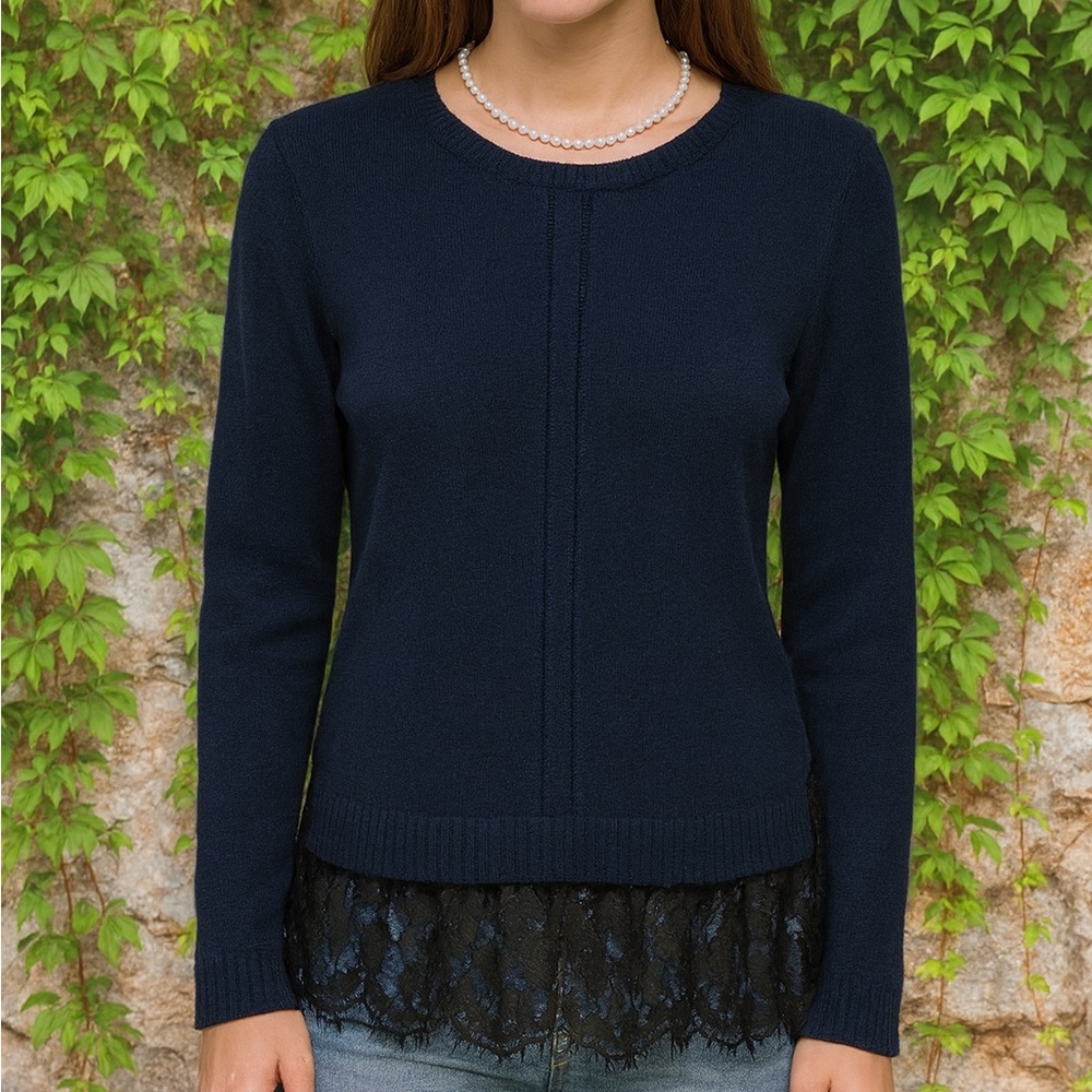 AUTUMN CASHMERE Navy Knit Black Lace Hem Sweater, S